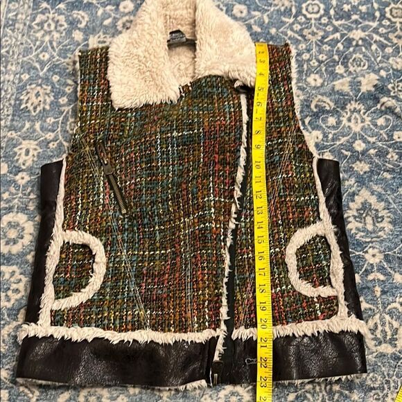 Desigual Faux Sherpa Leather Tweed Moto Bohemian Zip Up Mixed Media Vest - Picture 11 of 11